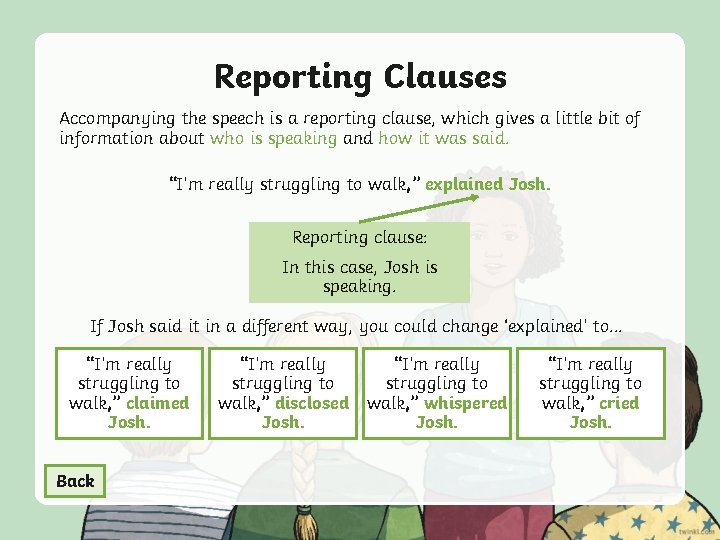 Reporting Clauses Accompanying the speech is a reporting clause, which gives a little bit