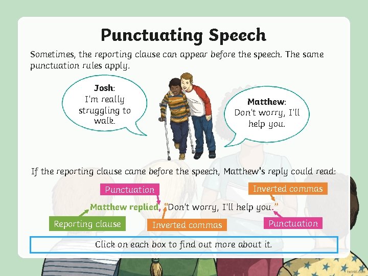 Punctuating Speech Sometimes, the reporting clause can appear before the speech. The same punctuation