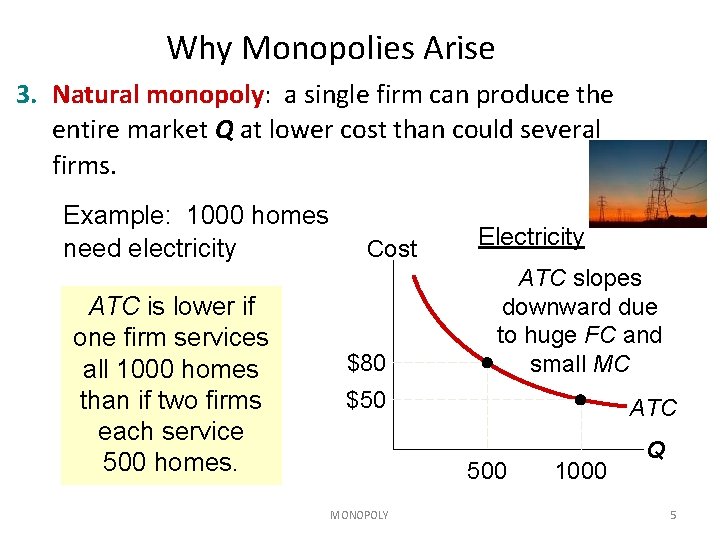 Why Monopolies Arise 3. Natural monopoly: a single firm can produce the entire market Why Monopolies Arise 3. Natural monopoly: a single firm can produce the entire market