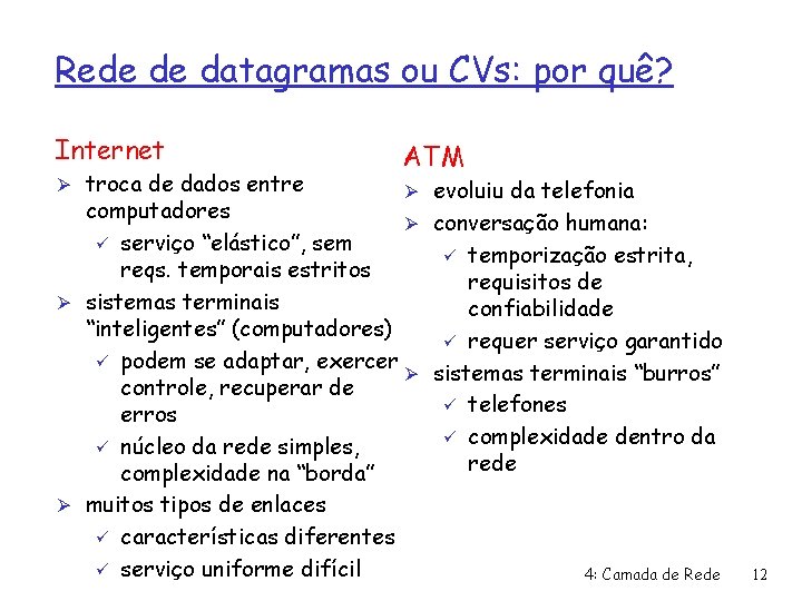 Rede de datagramas ou CVs: por quê? Internet Ø troca de dados entre ATM