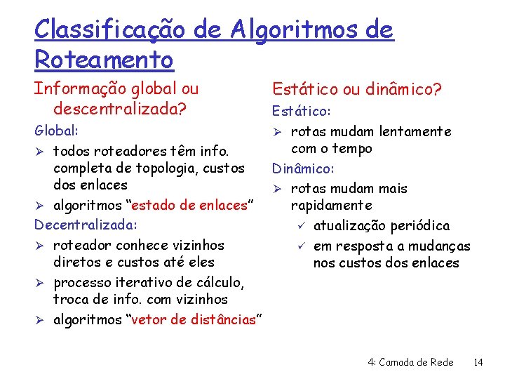 Classificação de Algoritmos de Roteamento Informação global ou descentralizada? Global: Ø todos roteadores têm