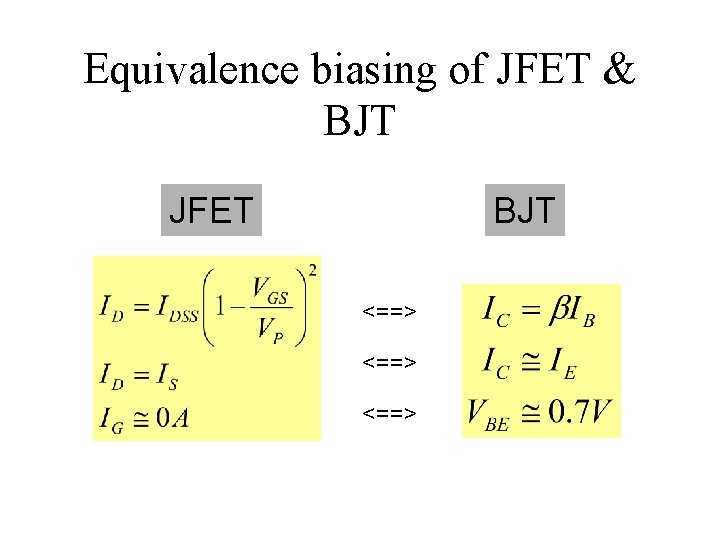Equivalence biasing of JFET & BJT JFET BJT <==> 