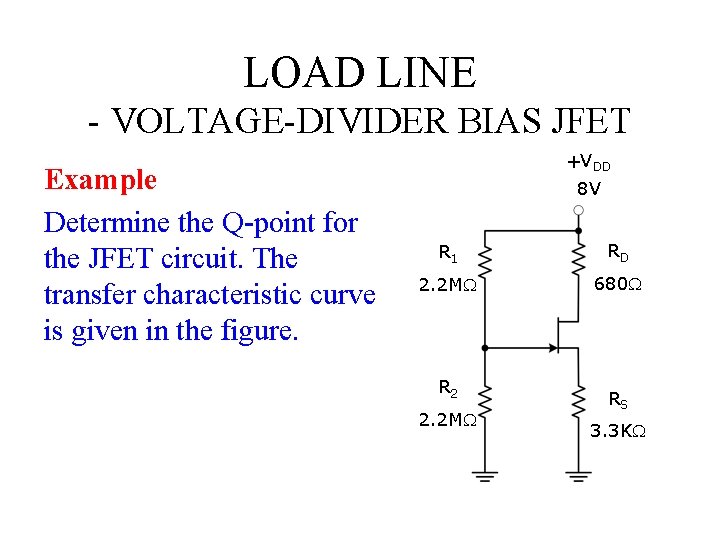 LOAD LINE - VOLTAGE-DIVIDER BIAS JFET Example Determine the Q-point for the JFET circuit.