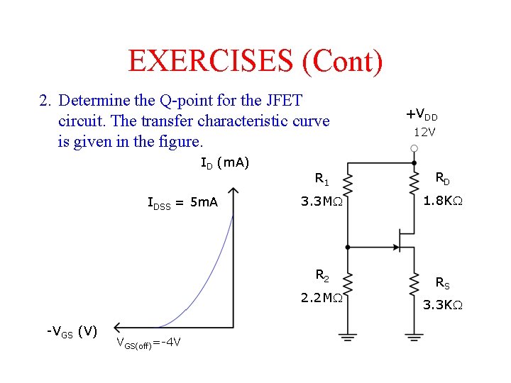 EXERCISES (Cont) 2. Determine the Q-point for the JFET circuit. The transfer characteristic curve