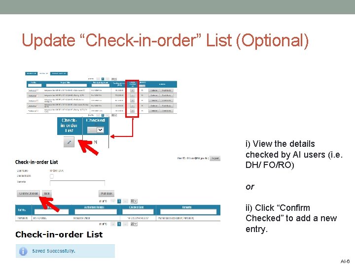 Update “Check-in-order” List (Optional) i) View the details checked by AI users (i. e.