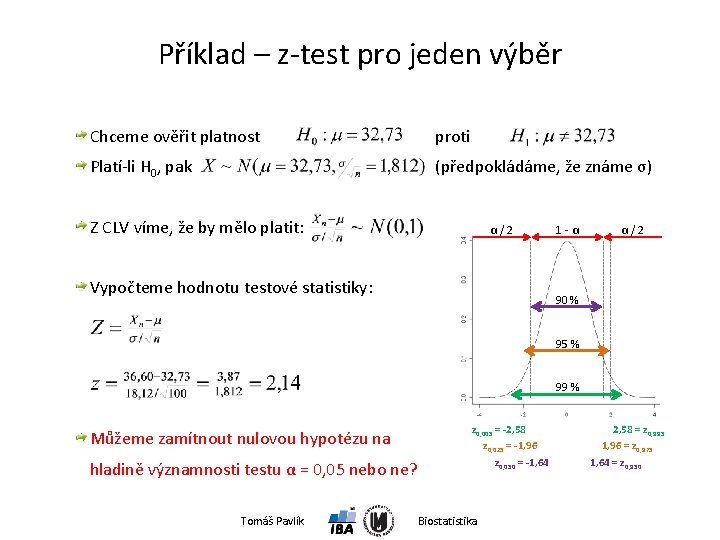 Příklad – z-test pro jeden výběr Chceme ověřit platnost proti Platí-li H 0, pak