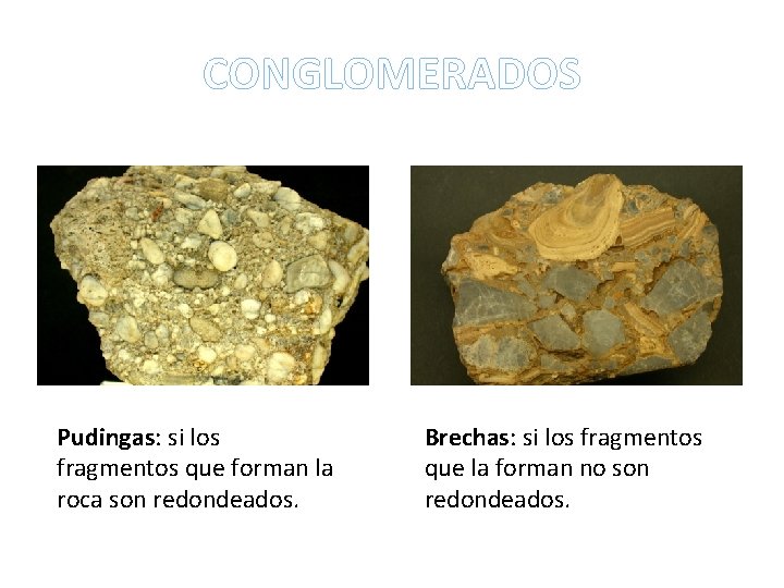 CONGLOMERADOS Pudingas: si los fragmentos que forman la roca son redondeados. Brechas: si los