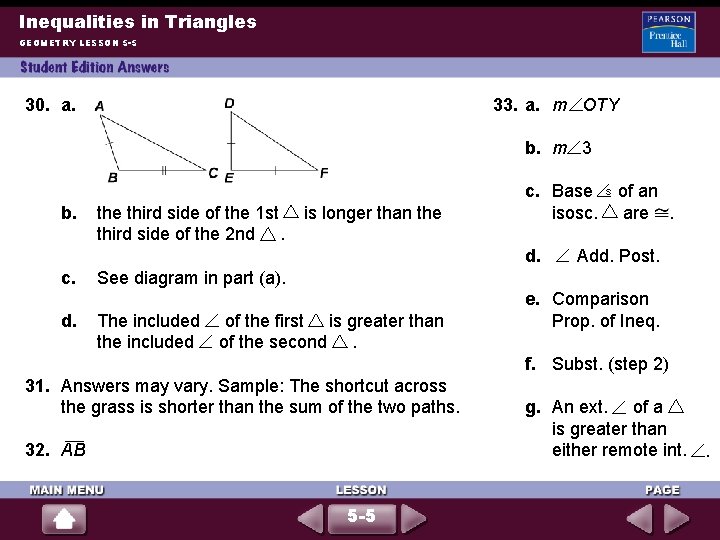 Inequalities in Triangles GEOMETRY LESSON 5 -5 30. a. 33. a. m OTY b.