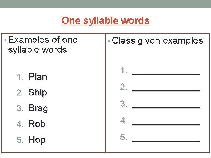 One syllable words • Examples of one syllable words 1. Plan 2. Ship 3.