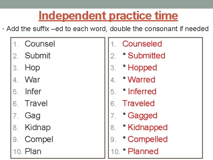 Independent practice time • Add the suffix –ed to each word, double the consonant