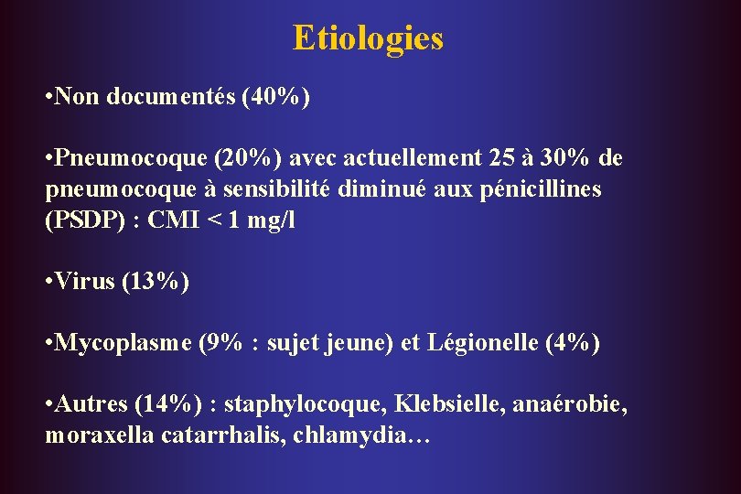 Etiologies • Non documentés (40%) • Pneumocoque (20%) avec actuellement 25 à 30% de