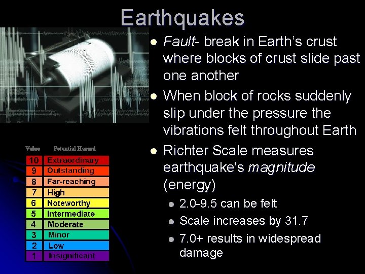 Earthquakes l l l Fault- break in Earth’s crust where blocks of crust slide