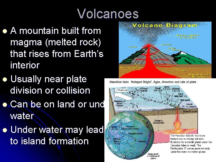 Volcanoes A mountain built from magma (melted rock) that rises from Earth’s interior l