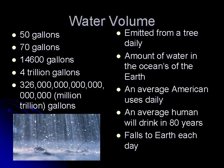 Water Volume l l l 50 gallons 70 gallons 14600 gallons 4 trillion gallons