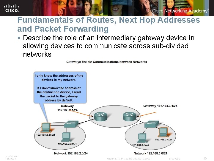 Fundamentals of Routes, Next Hop Addresses and Packet Forwarding § Describe the role of