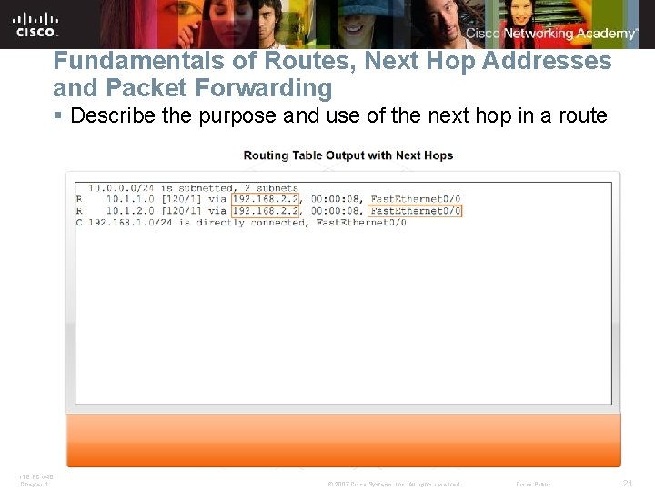 Fundamentals of Routes, Next Hop Addresses and Packet Forwarding § Describe the purpose and