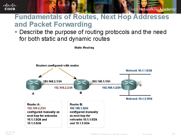 Fundamentals of Routes, Next Hop Addresses and Packet Forwarding § Describe the purpose of