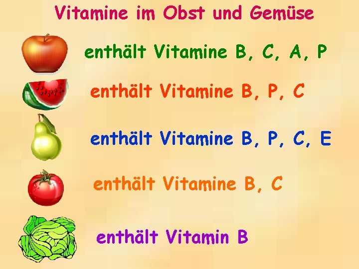 Vitamine im Obst und Gemüse enthält Vitamine B, C, A, P enthält Vitamine B,