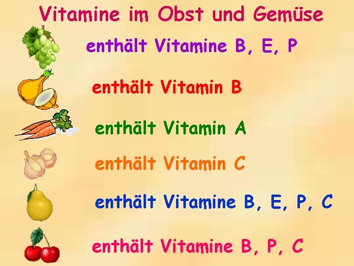 Vitamine im Obst und Gemüse enthält Vitamine B, E, P enthält Vitamin B enthält