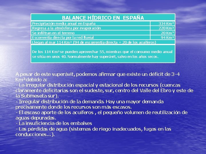 BALANCE HÍDRICO EN ESPAÑA Precipitación media anual en España 334 Km 3 Regresa a