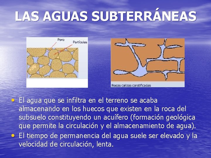 LAS AGUAS SUBTERRÁNEAS • El agua que se infiltra en el terreno se acaba