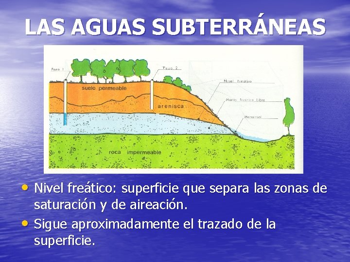 LAS AGUAS SUBTERRÁNEAS • Nivel freático: superficie que separa las zonas de • saturación