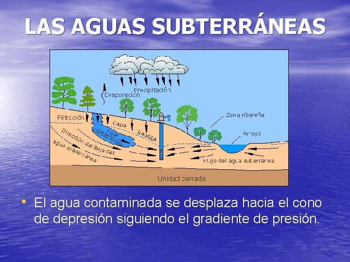 LAS AGUAS SUBTERRÁNEAS • El agua contaminada se desplaza hacia el cono de depresión