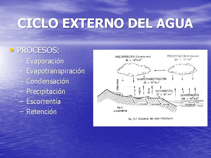 CICLO EXTERNO DEL AGUA • PROCESOS: – – – Evaporación Evapotranspiración Condensación Precipitación Escorrentía