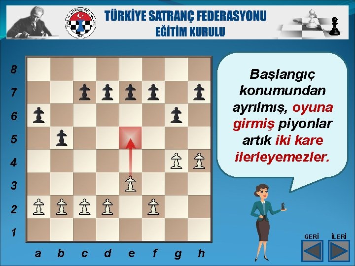 8 Başlangıç konumundan ayrılmış, oyuna girmiş piyonlar artık iki kare ilerleyemezler. 7 6 5