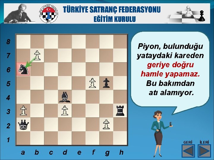 8 Piyon, bulunduğu yataydaki kareden geriye doğru hamle yapamaz. Bu bakımdan atı alamıyor. 7