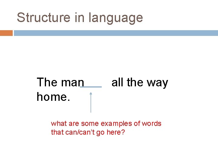 Structure in language The man home. all the way what are some examples of