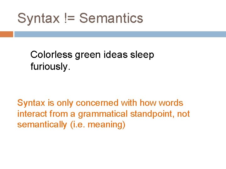 Syntax != Semantics Colorless green ideas sleep furiously. Syntax is only concerned with how