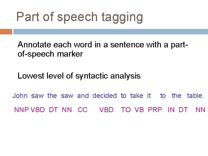 Part of speech tagging Annotate each word in a sentence with a partof-speech marker