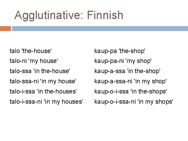 Agglutinative: Finnish talo 'the-house’ kaup-pa 'the-shop' talo-ni 'my house' kaup-pa-ni 'my shop' talo-ssa 'in