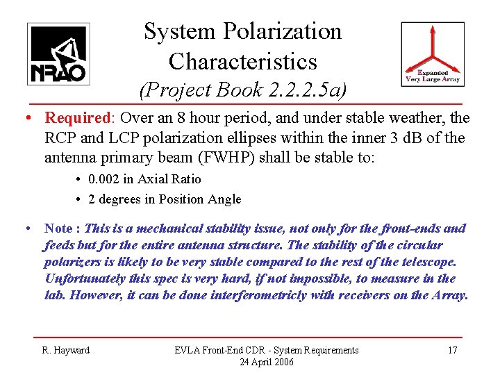 System Polarization Characteristics (Project Book 2. 2. 2. 5 a) • Required: Over an