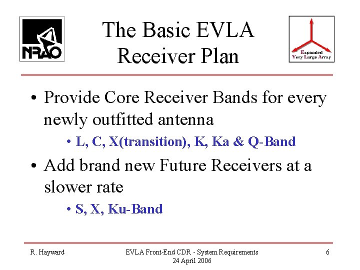 The Basic EVLA Receiver Plan • Provide Core Receiver Bands for every newly outfitted