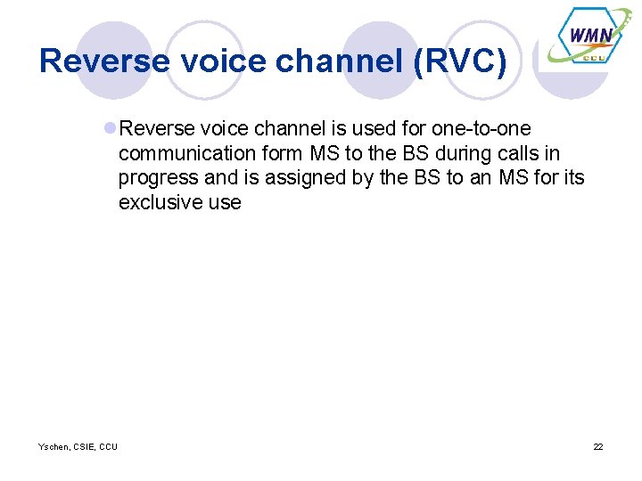 Reverse voice channel (RVC) l. Reverse voice channel is used for one-to-one communication form
