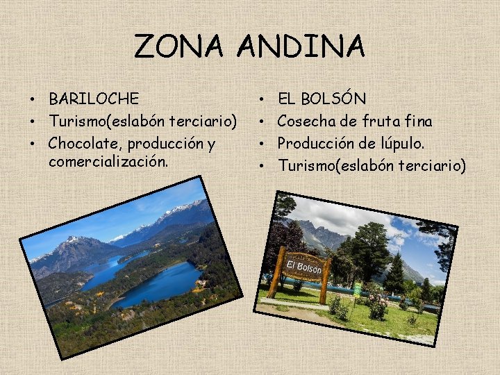 ZONA ANDINA • BARILOCHE • Turismo(eslabón terciario) • Chocolate, producción y comercialización. • •