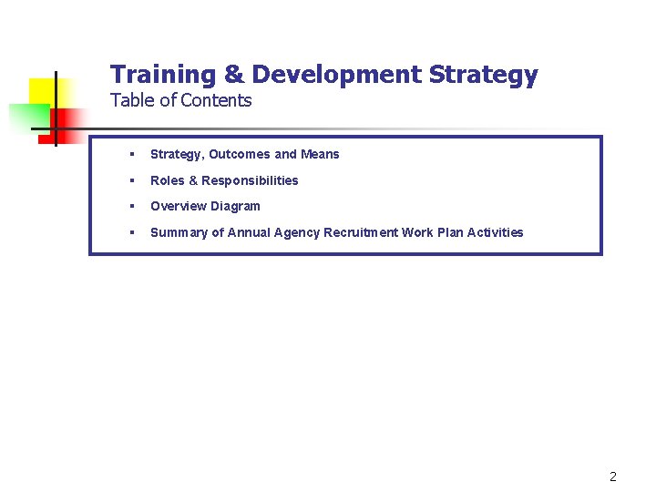 Training & Development Strategy Table of Contents § Strategy, Outcomes and Means § Roles