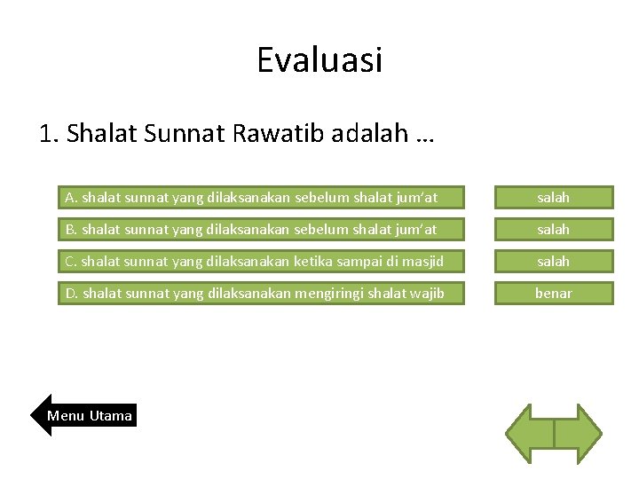 Evaluasi 1. Shalat Sunnat Rawatib adalah … A. shalat sunnat yang dilaksanakan sebelum shalat