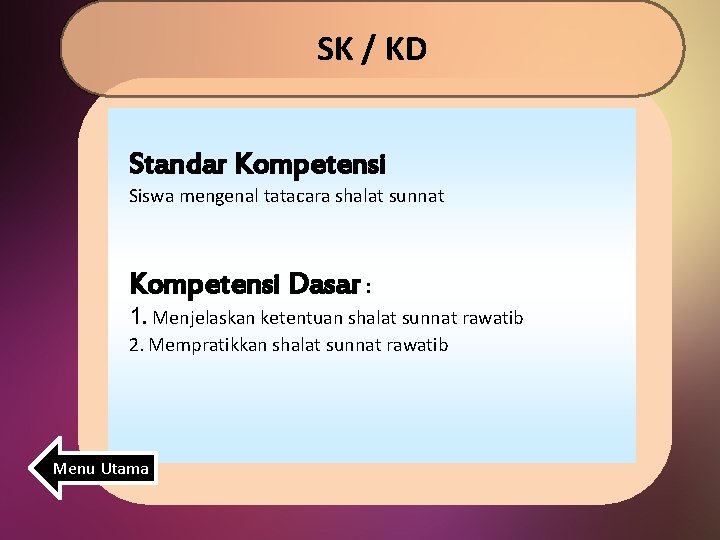 SK / KD Standar Kompetensi Siswa mengenal tatacara shalat sunnat Kompetensi Dasar : 1.