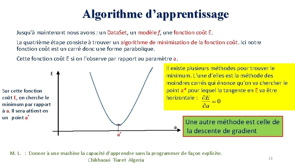 Algorithme d’apprentissage Jusqu’à maintenant nous avons : un Data. Set, un modèle f, une Algorithme d’apprentissage Jusqu’à maintenant nous avons : un Data. Set, un modèle f, une