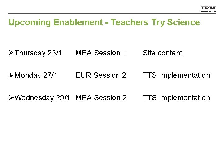 Upcoming Enablement - Teachers Try Science ØThursday 23/1 MEA Session 1 Site content ØMonday