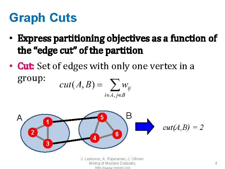 Graph Cuts • Express partitioning objectives as a function of the “edge cut” of