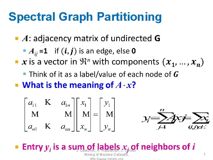Spectral Graph Partitioning • J. Leskovec, A. Rajaraman, J. Ullman: Mining of Massive Datasets,