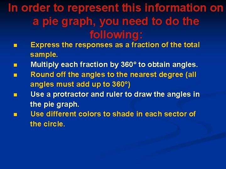 In order to represent this information on a pie graph, you need to do In order to represent this information on a pie graph, you need to do