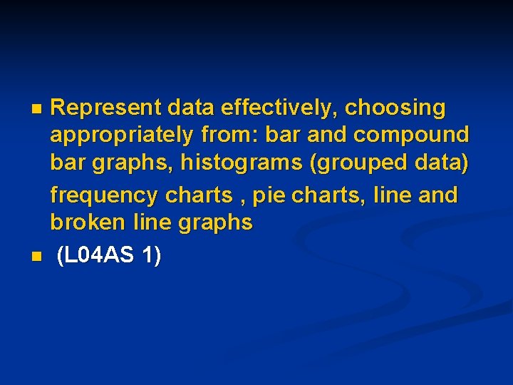Represent data effectively, choosing appropriately from: bar and compound bar graphs, histograms (grouped data) Represent data effectively, choosing appropriately from: bar and compound bar graphs, histograms (grouped data)