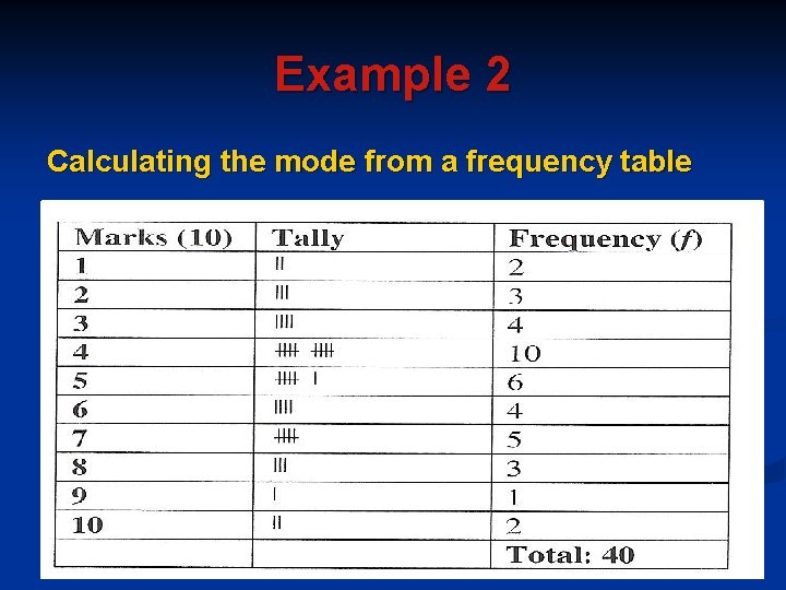 Example 2 Calculating the mode from a frequency table Example 2 Calculating the mode from a frequency table