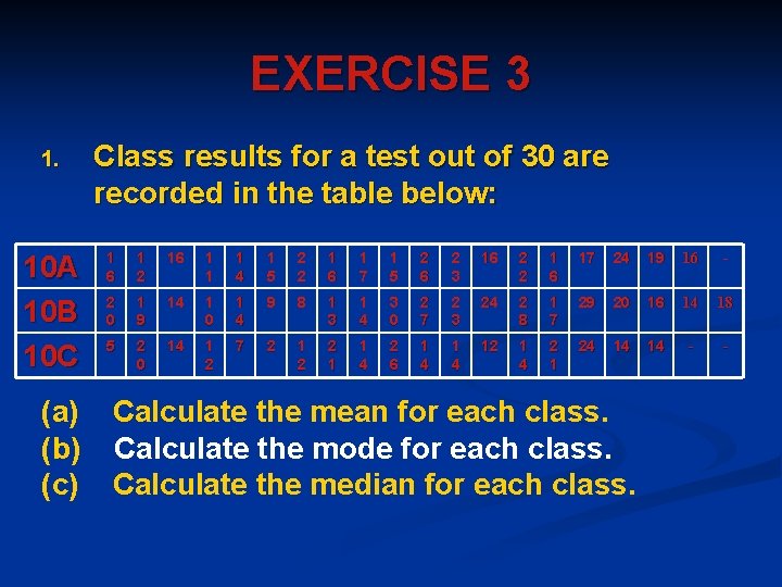 EXERCISE 3 1. 10 A 10 B 10 C (a) (b) (c) Class results EXERCISE 3 1. 10 A 10 B 10 C (a) (b) (c) Class results