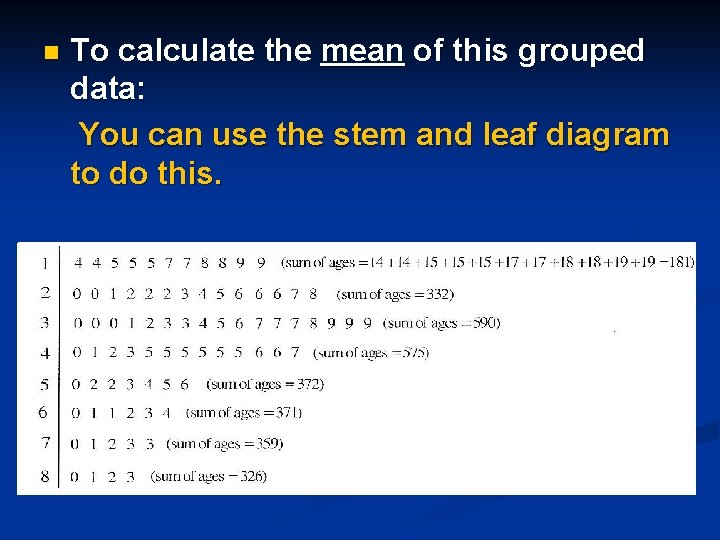 n To calculate the mean of this grouped data: You can use the stem n To calculate the mean of this grouped data: You can use the stem